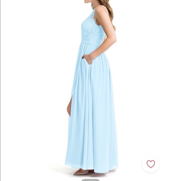Azazie Sky Blue Lace Chiffon One Shoulder Maxi Dress EUC - Picture 3 of 5